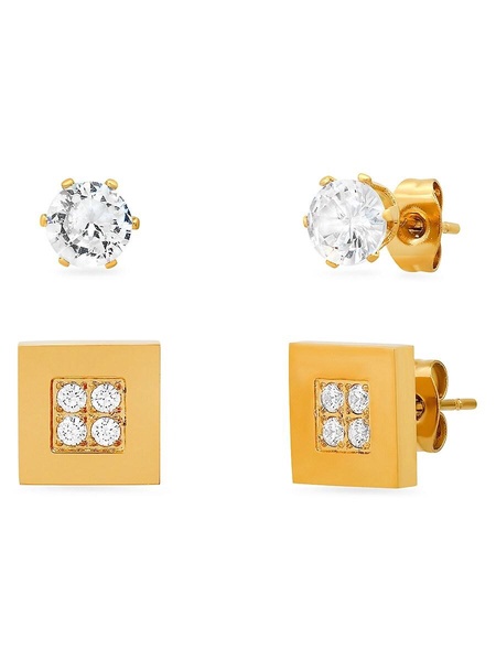 Set of 2 18K Goldplated Stainless Steel & Simulated Diamonds Stud Earrings
