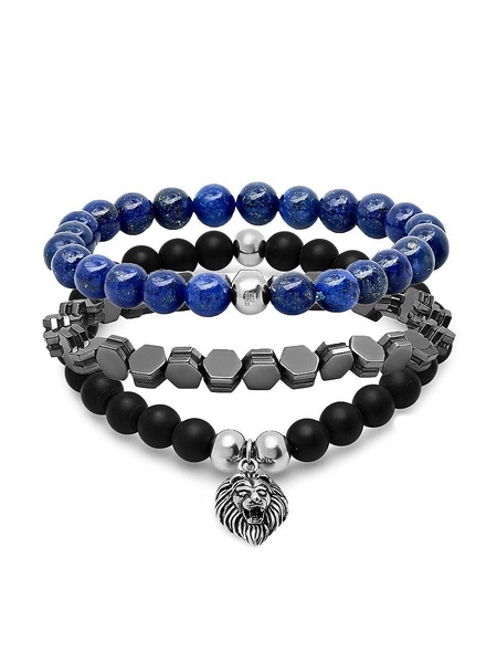 3-Piece Stainless Steel, Black Lava, Blue Lapis & Hematite Beaded Bracelet Set