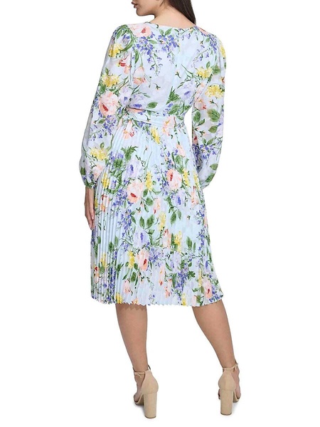 Floral Pleated Faux Wrap Midi Dress