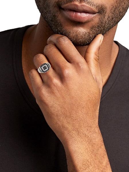 14K White Gold, Black Diamond & 0.94 TCW Diamond Signet Ring