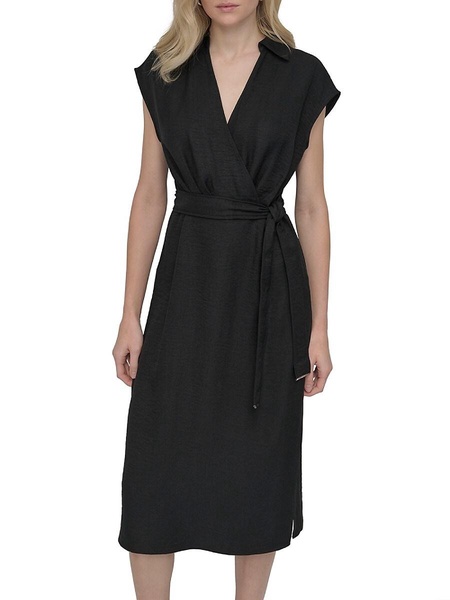 Textured Sleeveless Surplice Midi Shirtdress