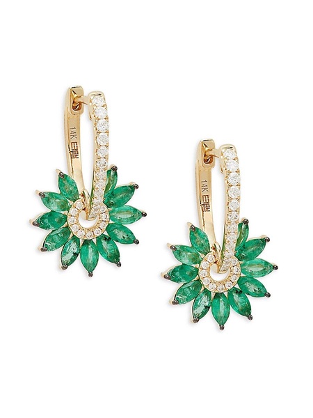 14K Yellow Gold, Emerald & Diamond Huggie Earrings