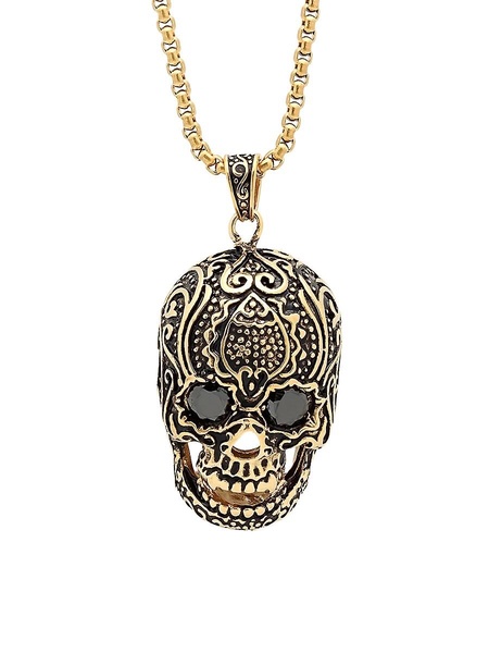 18K Goldplated Stainless Steel & Simulated Diamond Skull Pendant Necklace