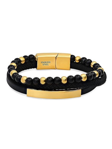 18K Goldplated Stainless Steel, Black Lava & Leather Tri Strand Bracelet