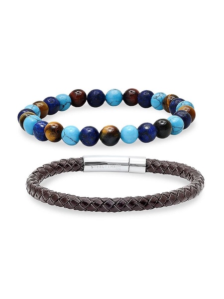 2-Piece Multi-Stone & Leather Beaded Bracelet Set