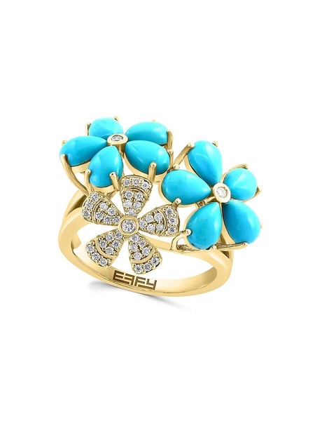 14K Yellow Gold, Turquoise & Diamond Floral Ring