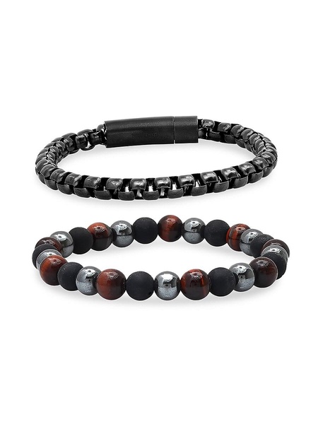 2-Piece Stainless Steel, Black Lava, Hematite, & Red Tiger Eye Beaded Bracelet Set