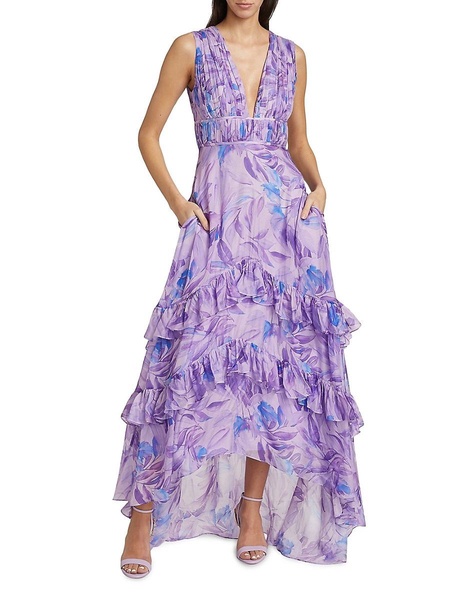 Senora Palm Ruffled High-Low Gown
