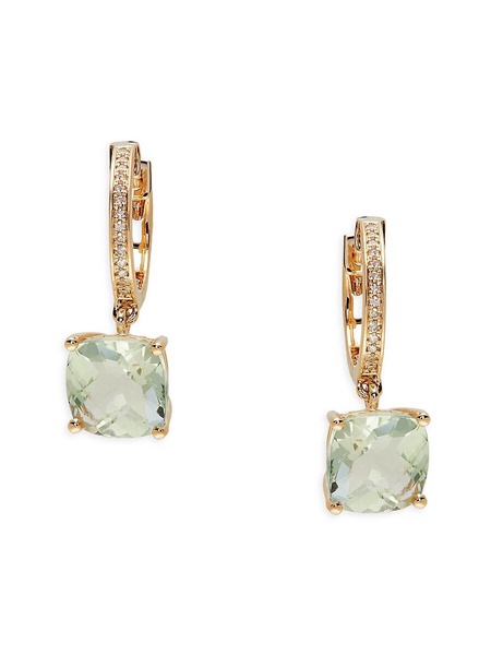 14K Yellow Gold, Diamond & Green Amethyst Earrings