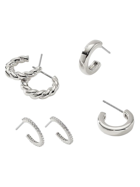 3-Piece Rhodium Plated Huggie Earrings