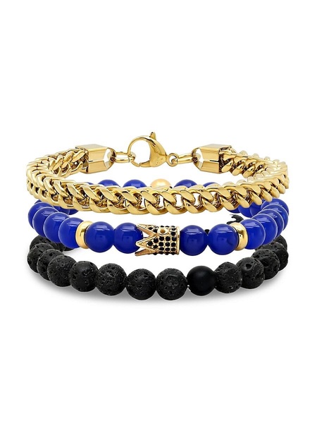 3-Piece 18K Goldplated, Simulated Black Diamond, Blue Agate & Black Lava Bracelet Set