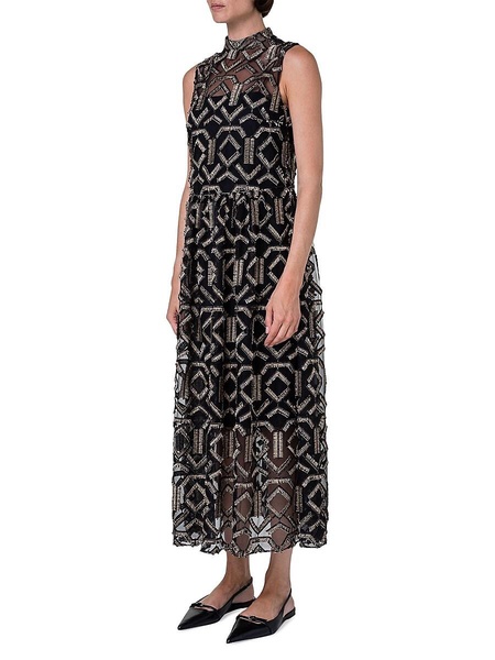 Geometric Metallic Tulle Mock Turtleneck Midi-Dress