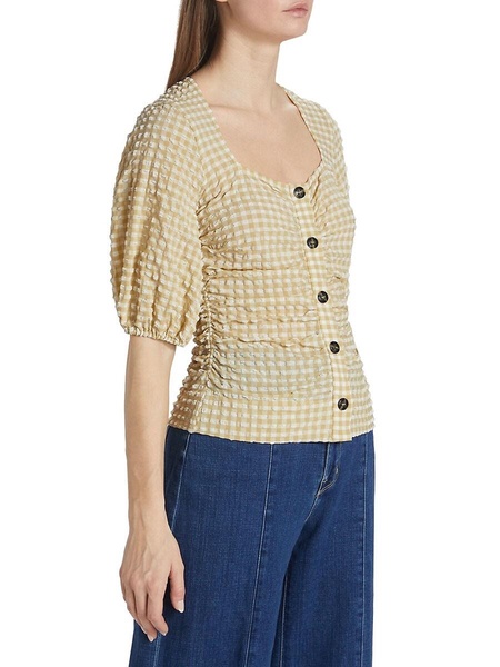 Stretch Seersucker Puff Sleeve Top