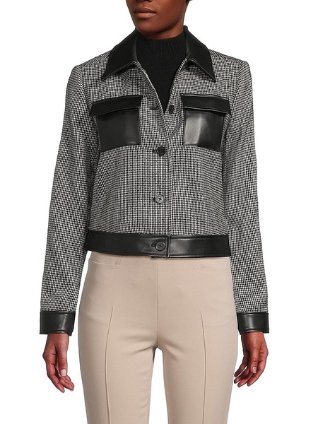 Houndstooth Faux Leather Trim Jacket