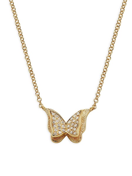 14K Yellow Gold & 0.06 TCW Diamond Butterfly Necklace