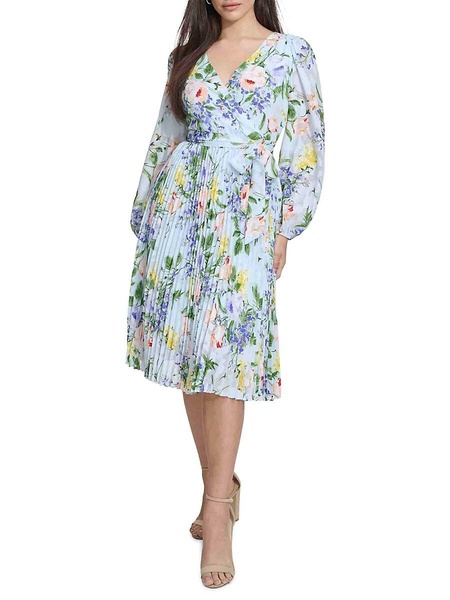 Floral Pleated Faux Wrap Midi Dress