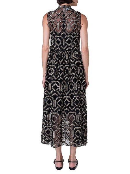 Geometric Metallic Tulle Mock Turtleneck Midi-Dress