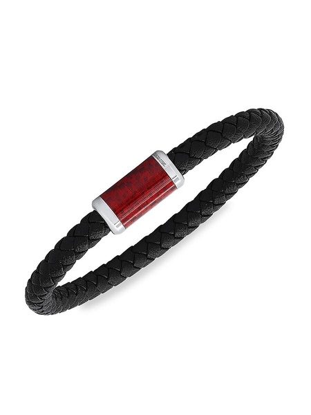 Stainless Steel, Leather & Red Carbon Fiber Bracelet