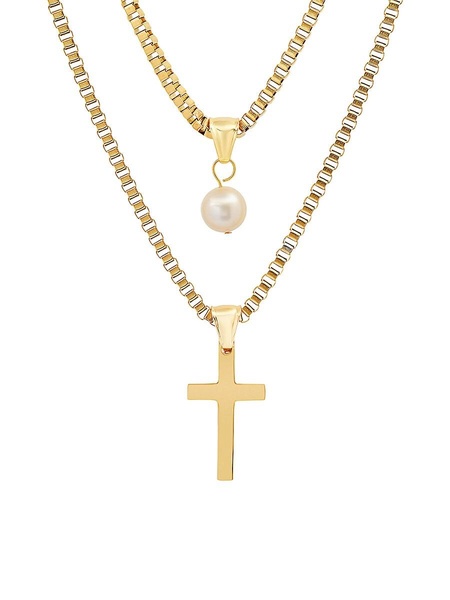 Stainless Steel Cross & Pearl Pendant Layered Necklace