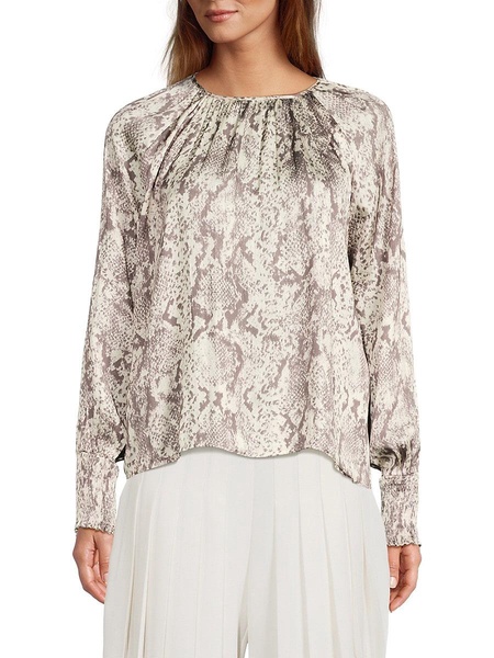 Snake-Print Long Sleeve Plisse Blouse