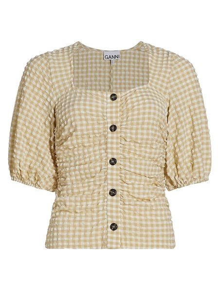 Stretch Seersucker Puff Sleeve Top