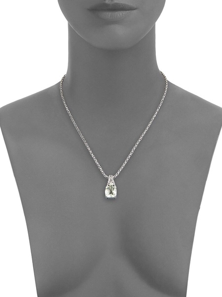Green Amethyst, Sterling Silver & 18K Yellow Gold Square Pendant Necklace