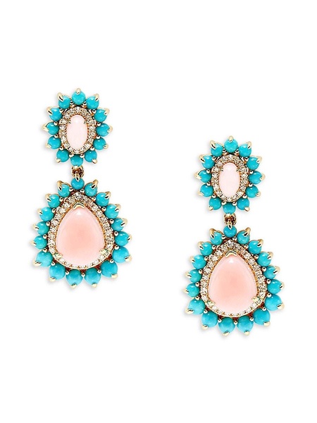 14K Yellow Gold, Pink Opal, Turquoise & Diamond Drop Earrings