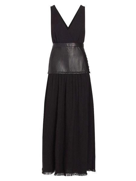 Leather-Inset Crepe Maxi Dress