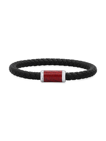 Stainless Steel, Leather & Red Carbon Fiber Bracelet