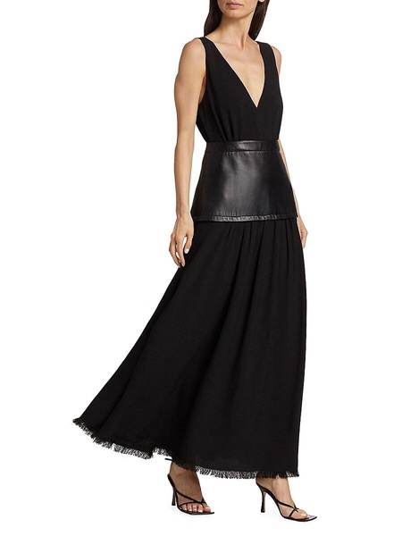 Leather-Inset Crepe Maxi Dress