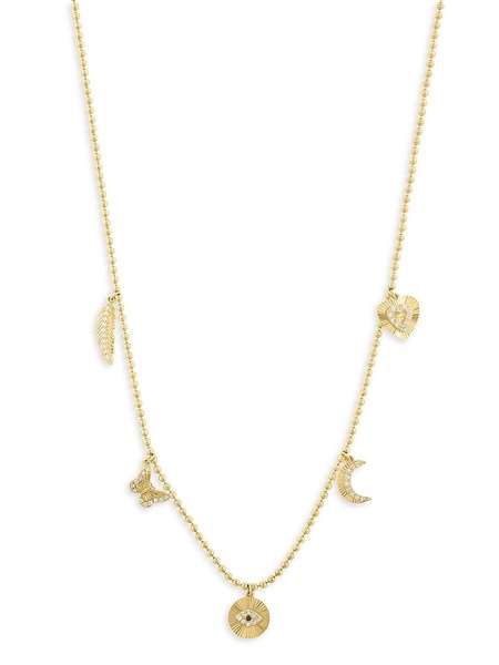 14K Yellow Gold & 0.16 TCW Diamond Beaded Charm Necklace