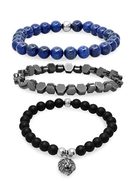 3-Piece Stainless Steel, Black Lava, Blue Lapis & Hematite Beaded Bracelet Set