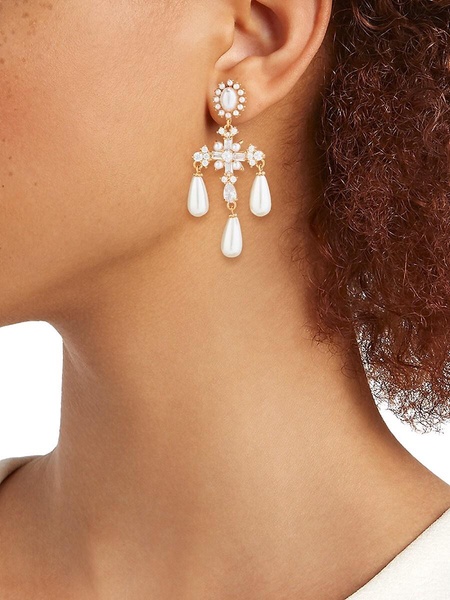 18K Goldplated Brass, Cubic Zirconia & Faux Pearl Dangle Drop Earrings