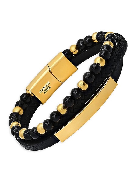 18K Goldplated Stainless Steel, Black Lava & Leather Tri Strand Bracelet