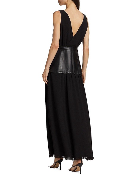 Leather-Inset Crepe Maxi Dress
