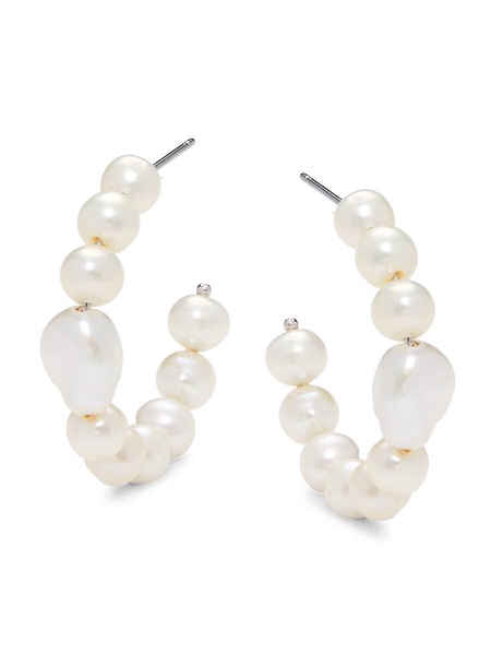 Lucca Rhodium Plated 5-7MM Freshwater Pearl & Cubic ZIrconia Half Hoop Earrings