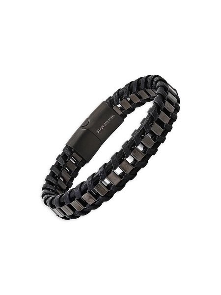 Black IP Stainless Steel, Leather, Lapis Lazuli & Lava Layered Bracelet