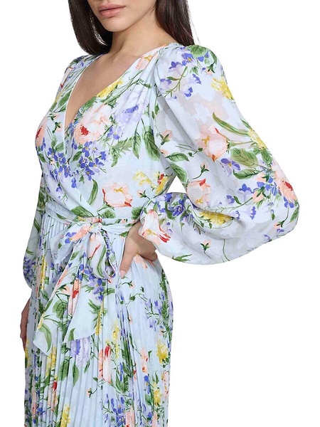 Floral Pleated Faux Wrap Midi Dress