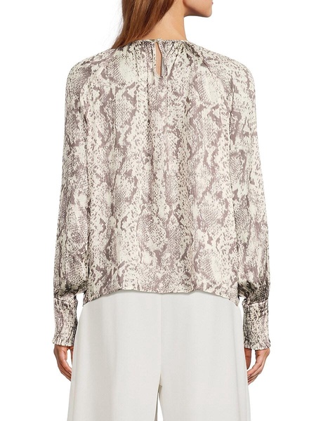 Snake-Print Long Sleeve Plisse Blouse