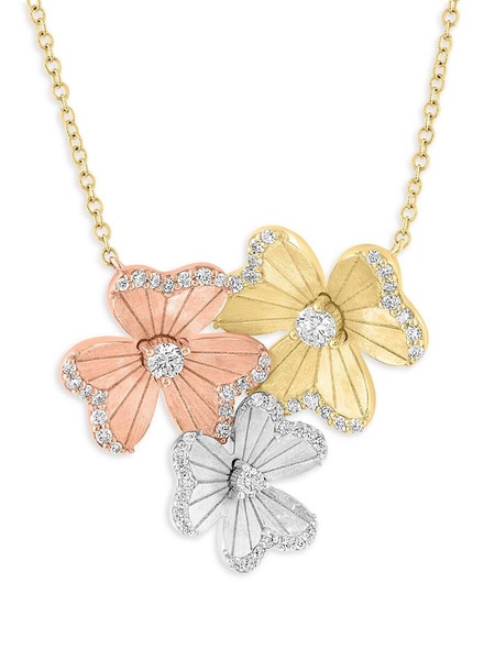 14K Tri Tone Gold & 0.63 TCW Diamond Flower Pendant Necklace