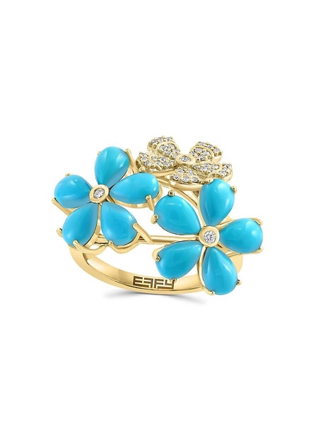 14K Yellow Gold, Turquoise & Diamond Floral Ring