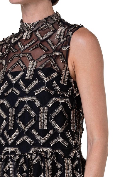 Geometric Metallic Tulle Mock Turtleneck Midi-Dress