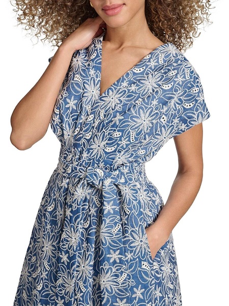 Kensie Faux-Wrap Embroidered Chambray Midi-Dress
