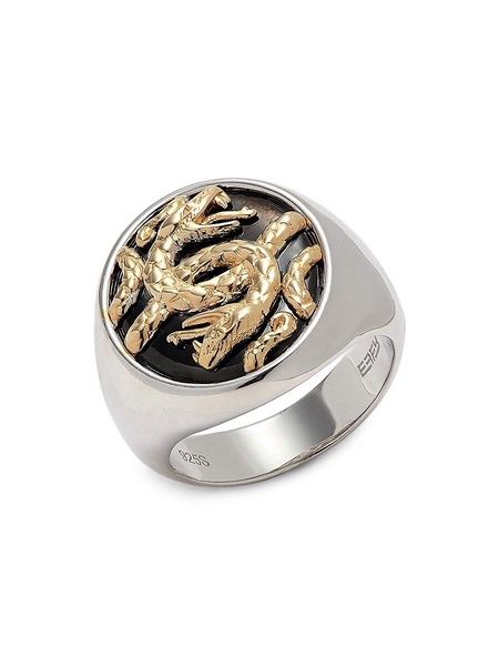 14K Yellow Gold Sterling Silver, Sterling Silver & Black Rhodium Signet Ring