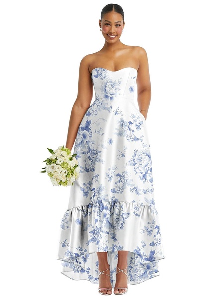 strapless floral high-low ruffle hem maxi dress with pockets