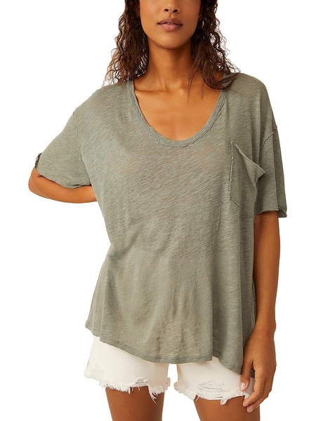 womens linen blend open neck pullover top