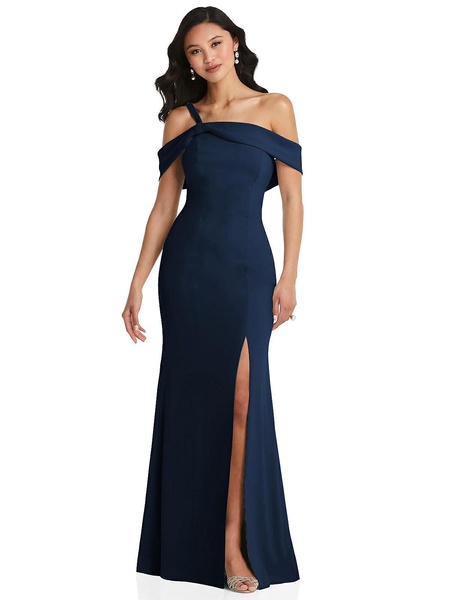 one-shoulder draped cuff maxi dress with front slit