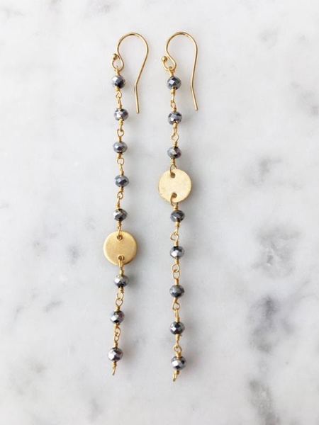 polished pyrite coin long chain earring