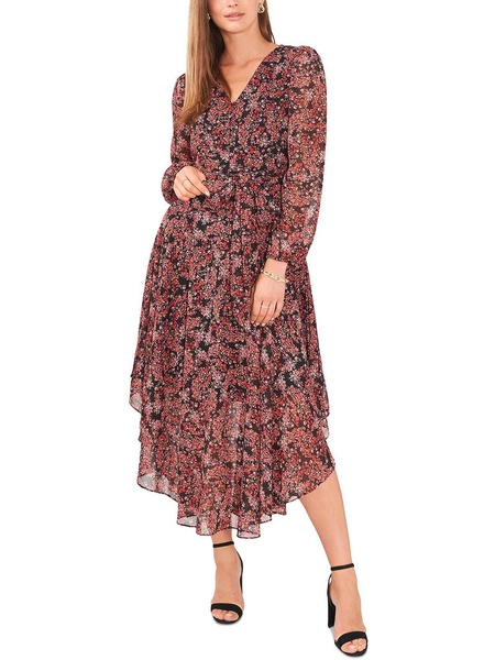 petites womens shimmer long sleeve midi dress