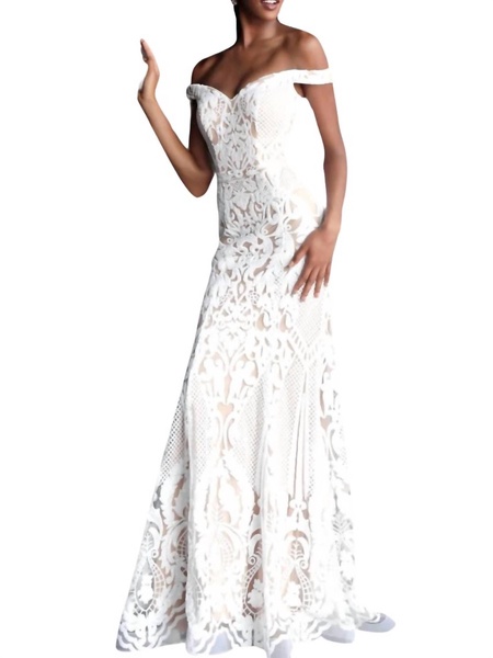 off the shoulder in white/ nude